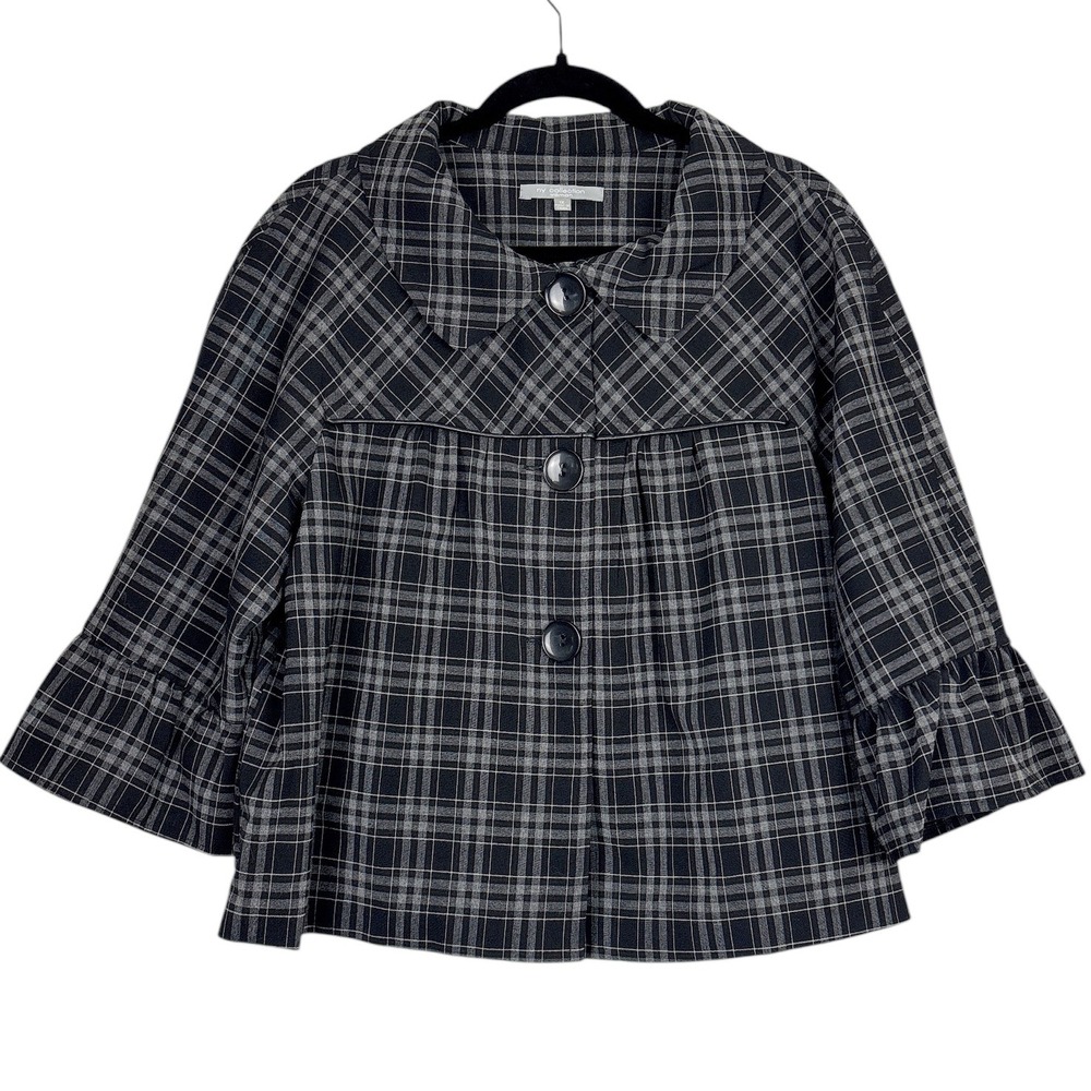 NY Collection Woman 1X Plaid Swing Fit Jacket Black Gray Faux Leather Trim